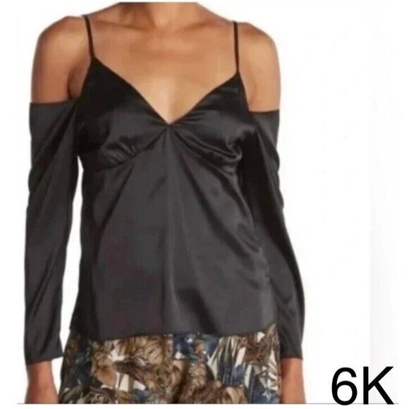 WAYF Black Satin Long‎ Sleeve Cold Shoulder V-Neck Cami Top NWT Size Small - Picture 1 of 11